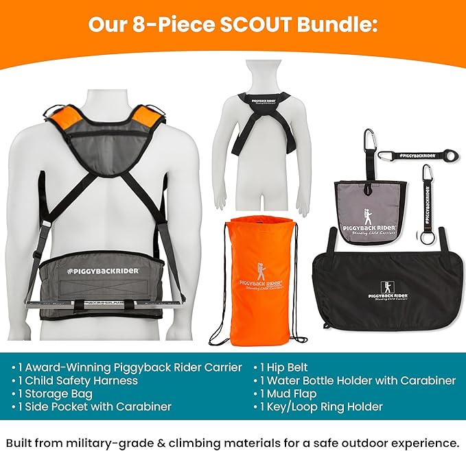 Piggyback SCOUT Toddler Carrier Backpack Deluxe with 6-Piece Accessory Set: Hip Belt, Carry Bag, Side Pocket, Mud Flap, Water Bottle & More - For Ages 2-4 (Under 50 lbs) - Hiking & Travel