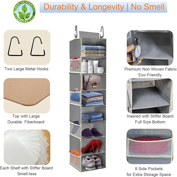 2 Pack Large-Sized Hanging Shoe Organizer 8-Shelf, Hanging Closet Organizer with 8 Side Pockets, Wider Hanging Shelves for Storage Shoes Clothes 9" W × 11.8" D× 48" H, Grey.