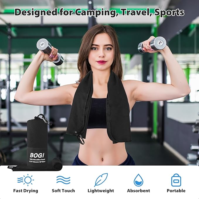BOGI Microfiber Travel Sports Towel-Quick Dry Soft Lightweight Absorbent Compact for Camping Gym Beach Bath Yoga Backpacking (S:16''x32'',2Pcs-Black)