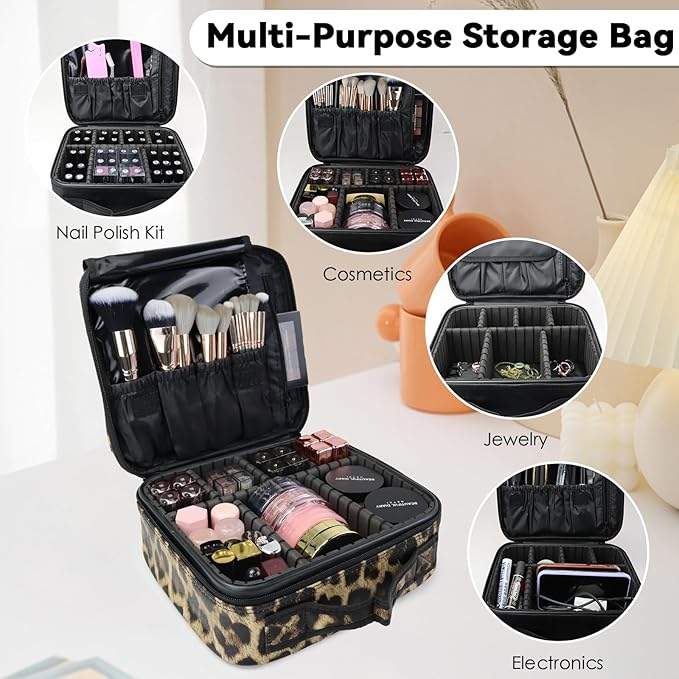 Travel Makeup Bag Makeup Cosmetic Train Case Organizer Portable Storage Bag with Adjustable Dividers for Cosmetics Makeup Brushes Toiletry Jewelry Leopard