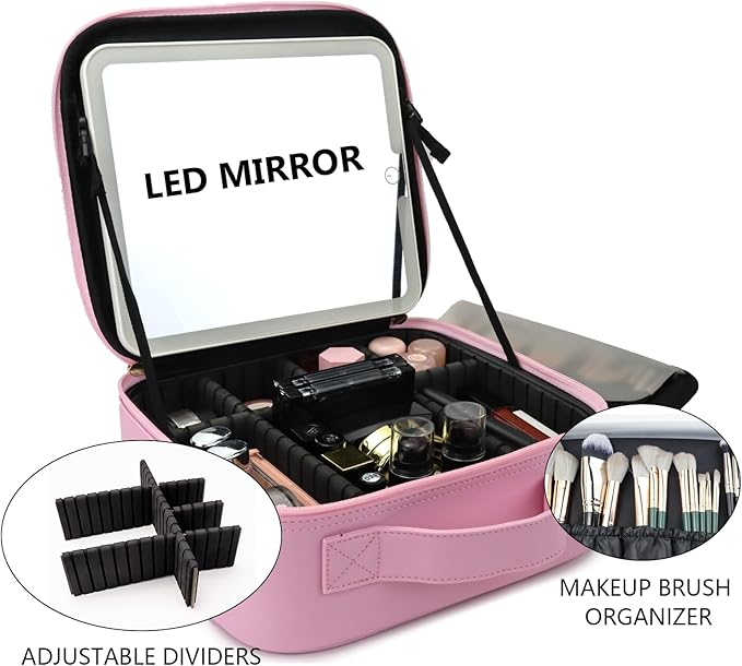 Travel Makeup Bag with LED Mirror Travel Makeup Organizer with 3 Lighted Settings, Adjustable Dividers and Makeup Brush Storage Bag Light Pink