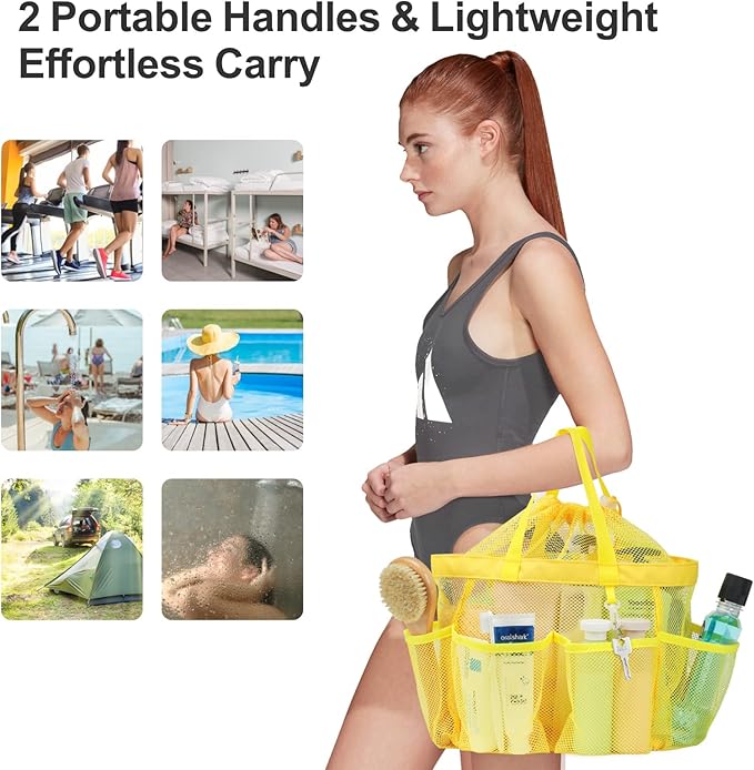 F-color Mesh Shower Caddy Portable with Drawstring - Upgrade Deeper 7 Pockets Dorm Room Essentials for Guys Girls with S Hook, Shower Bag Basket Tote for College Camping Toiletry Bathroom, Yellow