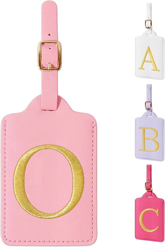 Personalized Initial Luggage Tags for Suitcase, Pink Leather Cute Luggage Tags with Privacy Cover Name Card, Embroidered Custom Monogrammed Luggage Tag Travel Bag Baggage Tags Gifts for Women Kids(O)