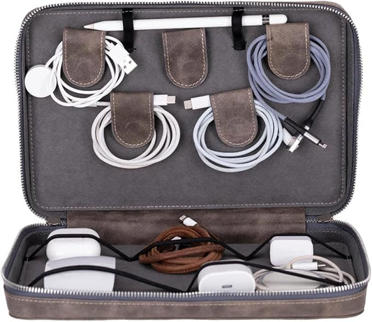 Medicine Handmade Leather Cable Organizer Bag – Full-Grain Leather Travel Tech Case for Cords, Chargers & Accessories – Zippered Storage for Men & Women (Gray)