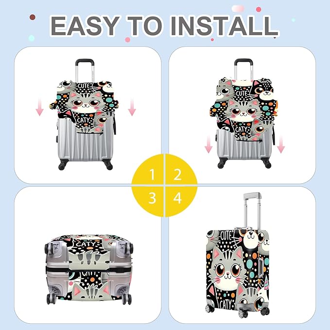 ANNA QUEEN Cute Cat Luggage Cover, Kawaii Cartoon Kitty Suitcase Protector with Colorful Polka Dot Design, Stretchable, Washable Travel Cover for 24-26 Inch Luggage