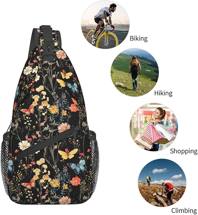 SUPLUCHOM Sling Bag Wildflower Botanical Butterfly Flower Hiking Daypack Crossbody Shoulder Backpack Travel Chest Pack for Men Women
