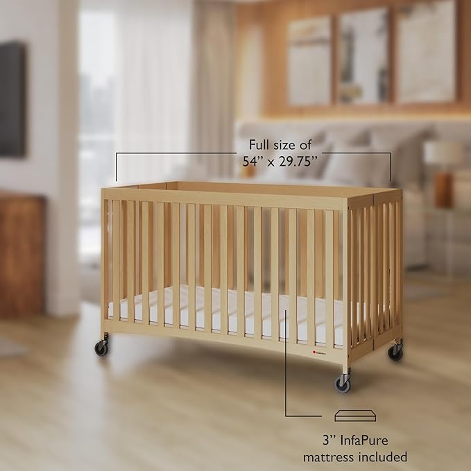 Foundations Full Size Travel Sleeper Folding Hotel Crib and Sheet Bundle - Includes Wooden Portable Crib with 3" Foam Mattress (Natural) and 6-Pack White Fitted Full Size Sheets