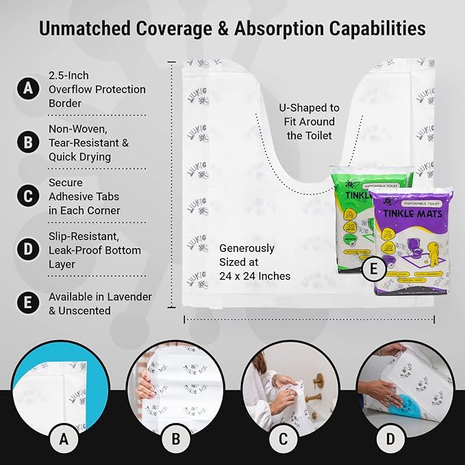 Tinkle Mat Disposable Toilet Commode Mat – Super Absorbent, Deodorizing Toilet Mats for Bathroom U Shaped – Great for Kid Potty Training, Incontinence & More – 24 x 24 Inches, 20 Pack, Lavender