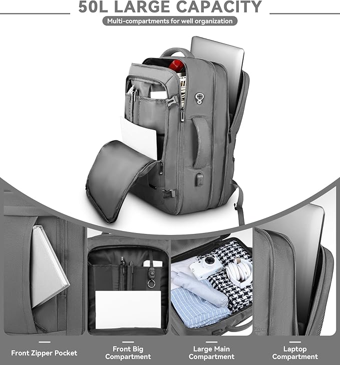 Carry On Backpack, 50L Extra Travel Laptop Backpack for Men Women, Big Bag Business Travel Essentials Gifts for men, 17 Inch Laptop Backpack Computer Bag Gifts for Him Men, Grey