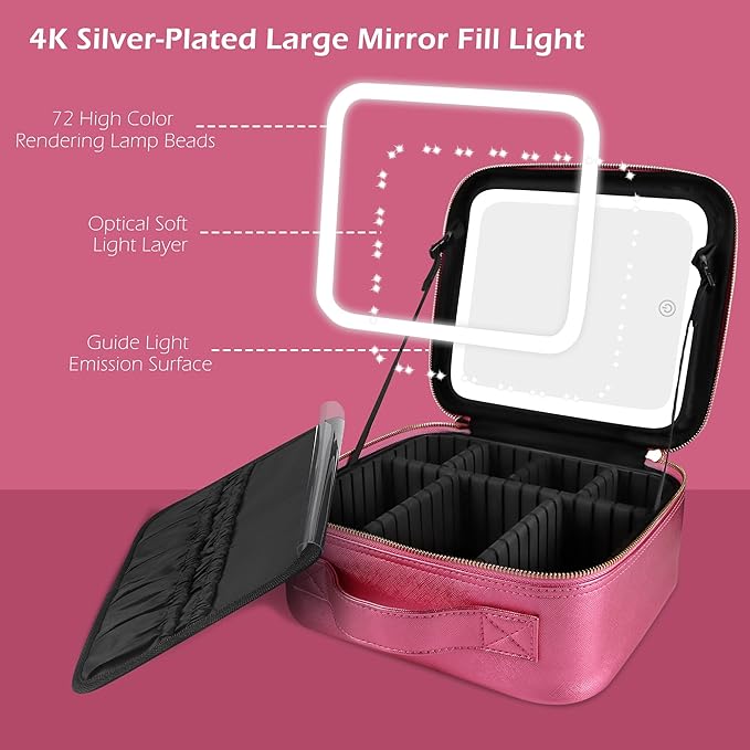 MOMIRA Travel Makeup Bag Cosmetic Bag Makeup Organizer Bag with Lighted Mirror, Adjustable Brightness in 3 Color Scenarios, Waterproof Makeup Train Case, Gift for Women - Brilliant Rose