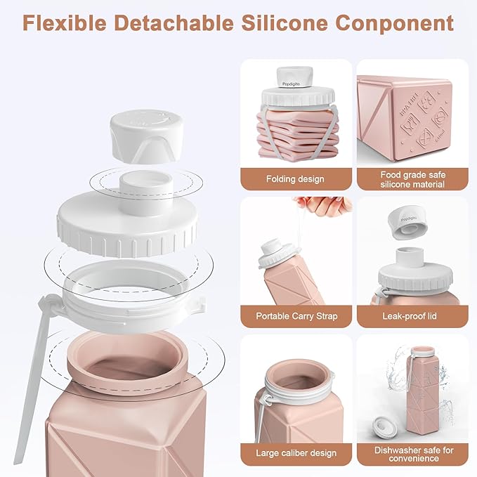 Collapsible Water Bottles, Portable Lightweight Reusable Leak-Proof BPA-Free Silicone Foldable Water Bottle for Travel Hiking Camping Gym Outdoor Activities Sports,Detachable for Dishwasher