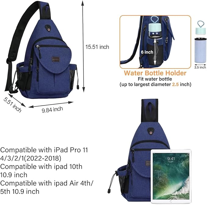MOSISO Sling Backpack,Canvas Crossbody Hiking Daypack Bag with Anti-theft Pocket, Navy Blue