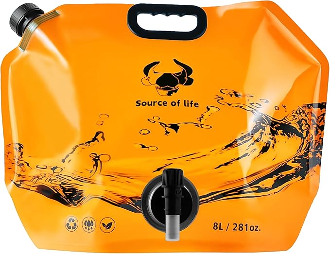 Collapsible 8L Water Storage Bag, BPA-Free Portable Folding Water Jug with Adjustable Faucet, Leakproof Emergency Water Bag for Camping, Hiking, Riding, Outdoor Sport (Orange, 1)