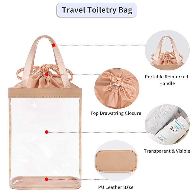 Travel Toiletry Bag, Clear Makeup Bag for Women, TSA Approved Toiletry Bag, Waterproof Clear Bag Cosmetic Pouch, Transparent Makeup Organizer, Carry on Airport Airline Compliant, Brown