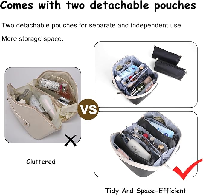 BOYATU Travel Makeup Bag Organizer Cosmetic Bag: 3 Pcs Set Make up Bags for Women with Handle - Waterproof Vegan Leather Toiletry Bags with Comparments (D-03-Black)