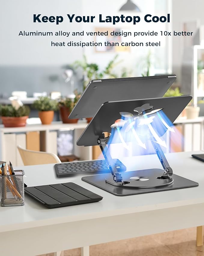 Adjustable Laptop Stand for Desk - Portable Laptop Riser with Rotating Base, Foldable Aluminum Computer Stand, Ergonomic Laptop Holder for MacBook Pro/Air Dell HP Lenovo Notebook up to 15.6", Black