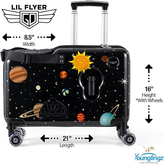 Younglingz LIL FLYER GO Version 2 Ride On Suitcase for Kids | Carry On Luggage with Toddler Seat, Foldable Handlebars, Pedals, and Removable Wheels | Holds up to 80 lbs | SPACE | Ages 2-6