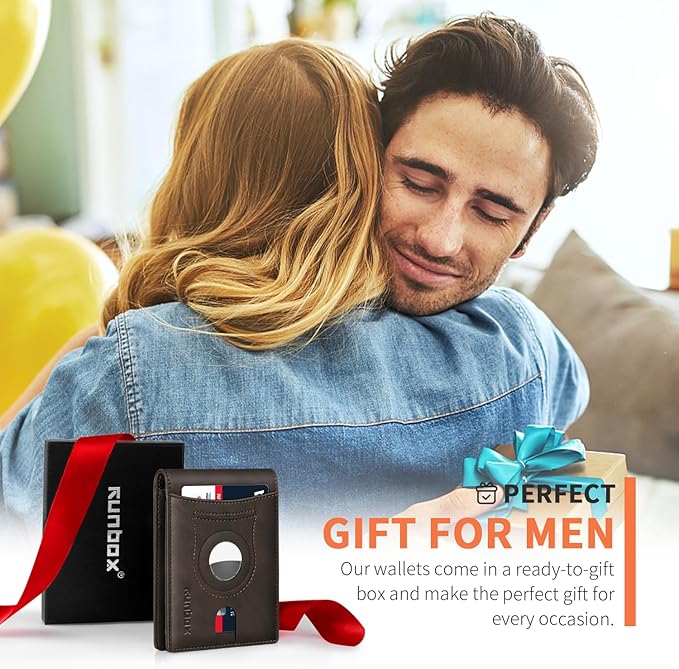 RUNBOX AirTag-Wallet-Mens-Slim-RFID Blocking Wallets Leather with Bill Compartment Air Tag Bifold Card Holder Wallet Gifts for Men Dad