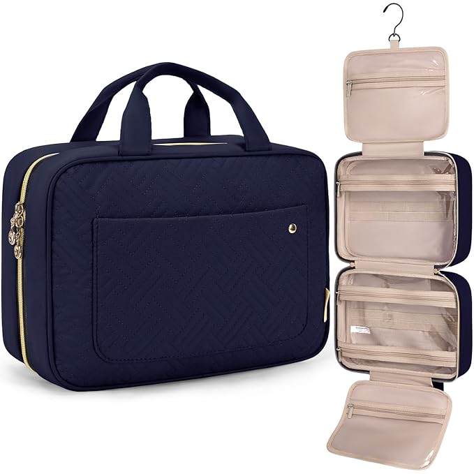 BAGSMART Toiletry Bag Travel Bag with Hanging Hook, Water-resistant Makeup Cosmetic Bag Travel Organizer for Accessories, Shampoo, Full Sized Container, Toiletries, Large-Blue
