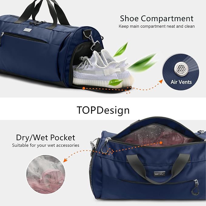 TOPDesign Gym Bag for Women & Men, Unisex Duffel Bag with Shoe Compartment & Wet Pocket for Travel Sports Gym (L Blue)