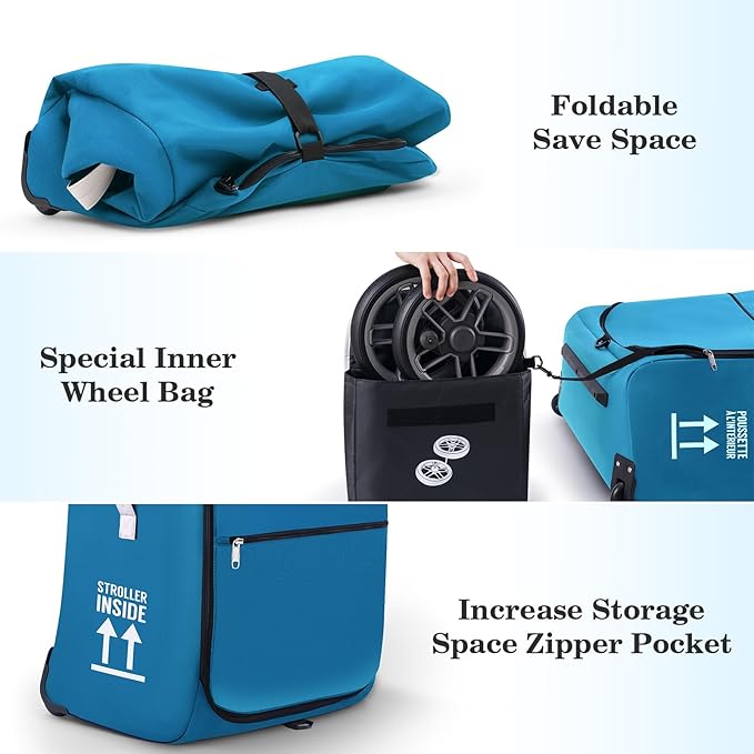 Stroller Bag for Airplane, Stroller Travel Bag Compatible with UPPAbaby Vista, Vista V2, Cruz V2, Rolling Wheel Bag with Storage Pocket, Multiple Handles, Luggage Tag for Flight Travel, Blue