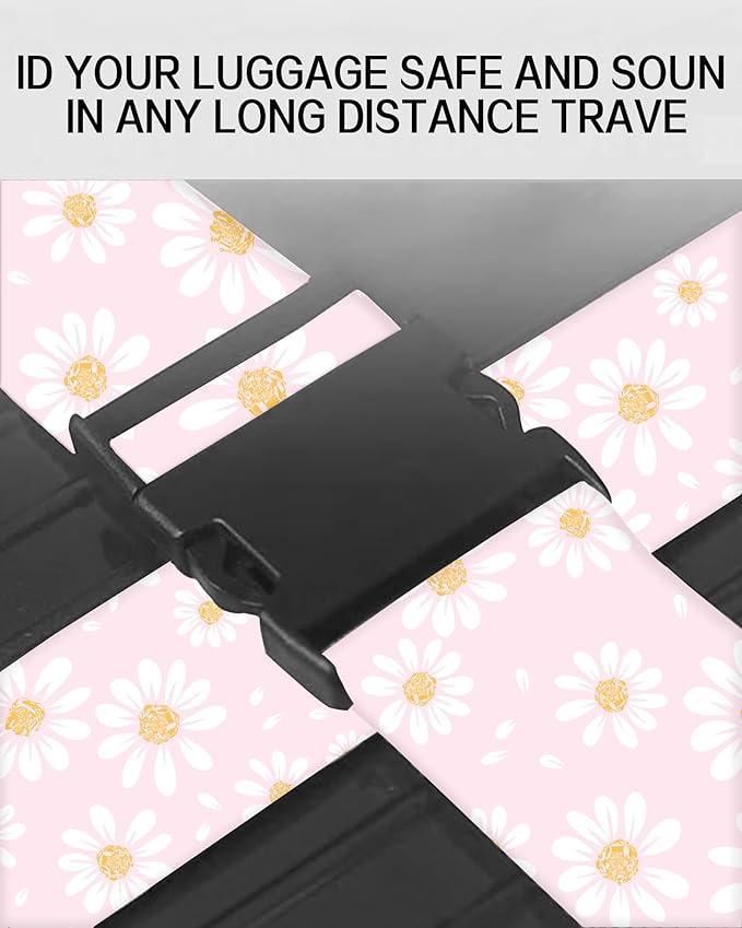 Luggage Straps for Suitcases, Adjustable Travel Belt, Durable Wide Luggage Strap, Cute Suitcase Strap Identifiers with Buckle, Bag Straps for Luggage, Cute Pink Daisy