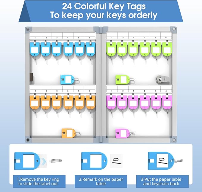 24 Slots Key Box Wall Mount with Code, Key Lock Box with Combination, Key Storage Box with Key Hooks & Tags & Lables, 8.45" x 2.55" x 13" (Silver-Code Lock, 24 Keys)