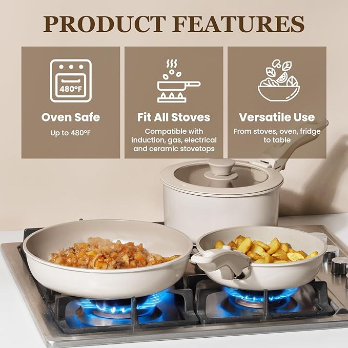 KIKCOIN Ceramic Cookware Set, 20 Pack Nonstick Pots and Pans Set with Detachable Handles, Healthy Frying Pans, Induction Dishwasher Oven Safe Kitchen Set, PFAS PFOA & PTFE Free