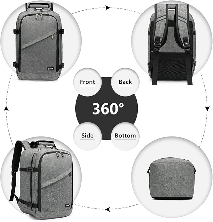 Kono Carry on Backpack, 16" Airplane Approved Under Seat Travel Backpack for Men and Women, Waterproof Lightweight Daypack for Flight 20L (Grey, Small)