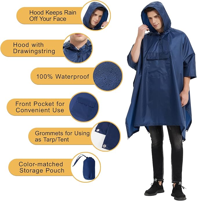 salamra Hooded Rain Poncho Waterproof Raincoat Jacket for Men/Women/Adults with Pocket