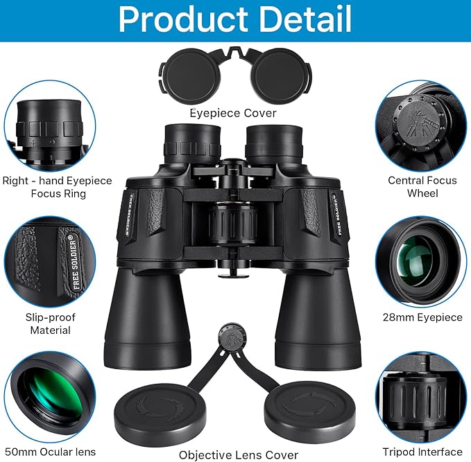 20x50 High Power Binoculars for Bird Watching 28mm Large Eyepiece Life Waterproof Binoculars for Hunting Hiking Concert Travel with Smartphone Adapter BAK4 Prism FMC Lens, Black