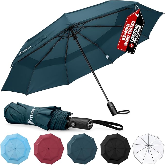 PTEROMY Windproof Compact Travel Umbrellas for Rain and Sun, Withstands 85MPH Winds Auto Open Close Folding Umbrella with Ergonomic Handle, Quick Dry Canopy for Commuting or Backpack