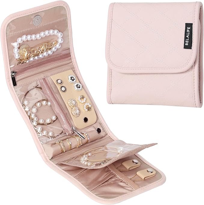 BELALIFE Travel Jewelry Case Organizer, Small Foldable Storage Roll for Earrings, Necklaces, Rings, Bracelets, Brooches, Pink