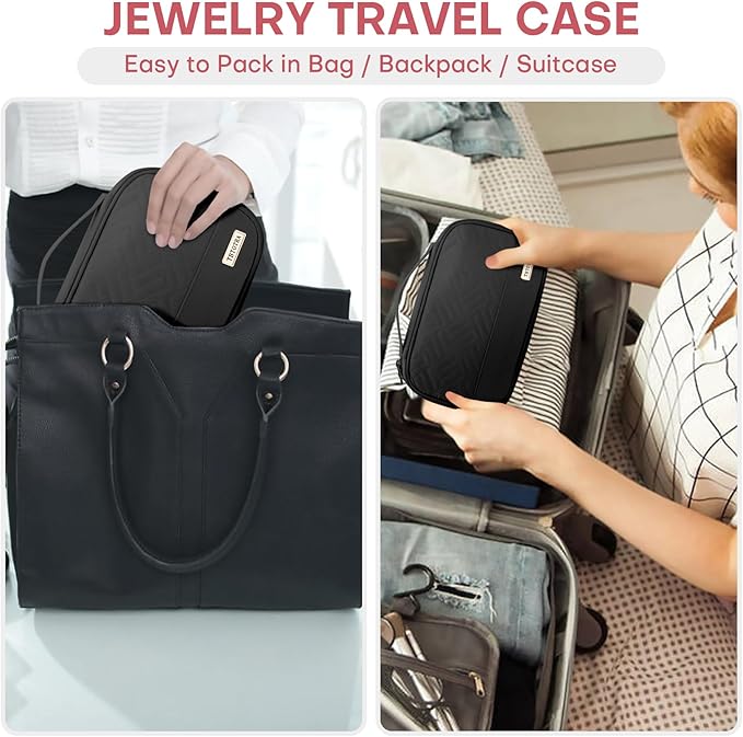 Jewelry Travel Case Organizer for Necklaces, Earrings, Rings, Bracelet, Watch, Soft Sided, Black