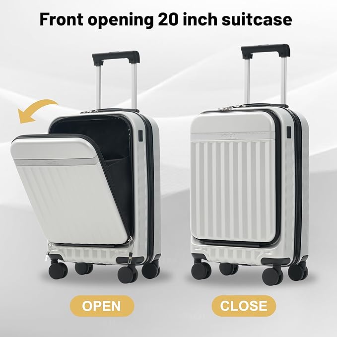 Merax Luggage Sets Front Opening, 2 Piece Hardshell Suitcase with Spinner Wheels and Bags,Lightweight Carry on Luggage with USB Port,20+24,White Grey