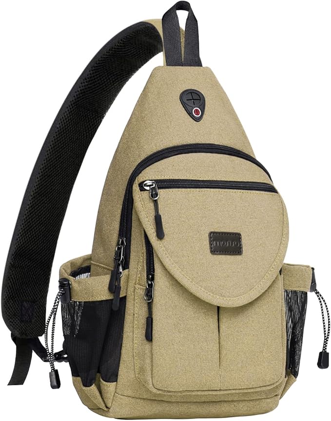 MOSISO Sling Backpack,Canvas Crossbody Hiking Daypack Bag with Anti-theft Pocket, Khaki