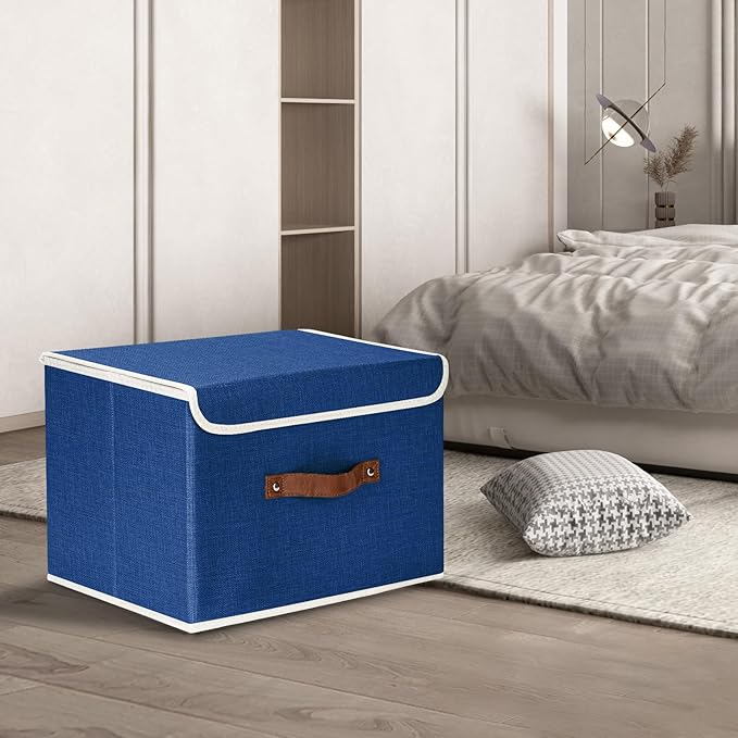 TYEERS Collapsible Storage Boxes, Washable Fabric Storage Bins with Lids, 14.9x9.8x9.8 inches, 2 Pack, Classic Blue