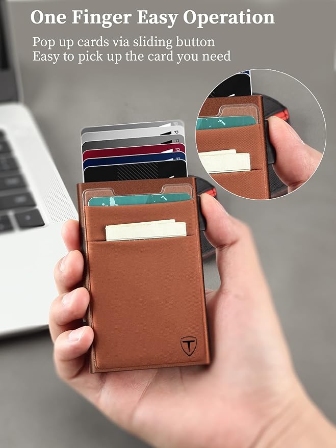 Slim Wallet for Men and Women,Pop Up Credit Card Wallet Metal Minimalist Cards Holder with Money Pocket,Small Ultralight Aluminum RFID Blocking Wallets 6-12 Card Capacity,Brown