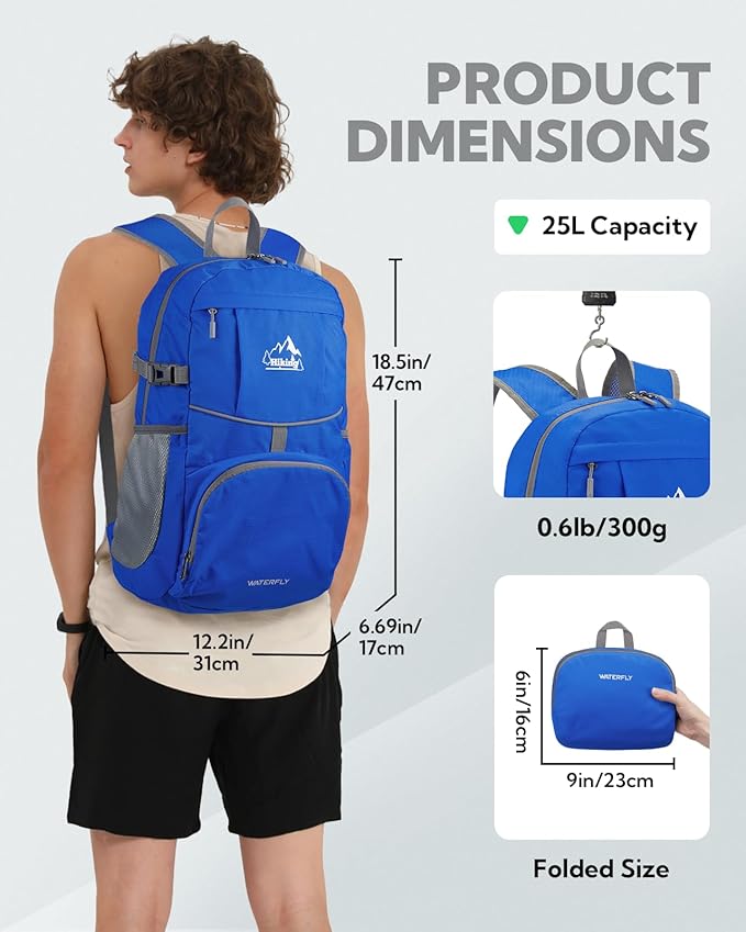WATERFLY Hiking Foldable Daypack Backpack: 25L Ultra Lightweight Packable Waterproof Outdoor Travel Day Pack for Woman Man