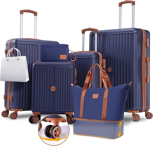 Hoteel 6 Piece Luggage Set with Spinner Wheels (4-YEAR WARRANTY), Carry on Luggage for Travel with TSA Lock, ABS+PC Hardshell Suitcase Set, 16"/20"/24"/28"+Duffel Bag+Cosmetic Bag(Dark Blue)