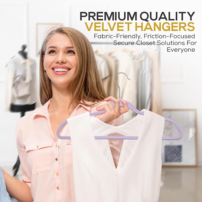 Premium Velvet Hangers 50 Pack Ultra Thin Non Slip Adult Felt Space Saving Suit Hanger for Closet Heavy Duty Coat Pants Jackets Dress Hangers 360° Swivel Hook Hold Upto 10 lbs Purple Hangers