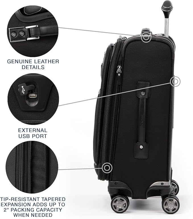 Travelpro Platinum Elite Softside Expandable Carry on Luggage, 8 Wheel Spinner Suitcase, USB Port, Suiter, Men and Women, Shadow Black, Carry On 21-Inch