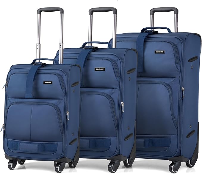Hanke 3 Piece luggage Sets Softside Expandable luggage with Spinner Wheels TSA Lock,Travel Lightweight Luggage Sets,Blue
