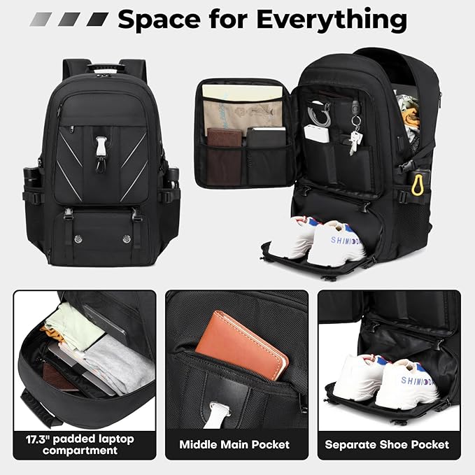 17.3 Inch Travel Laptop Backpack with Shoe Compartment,50L Carry on Flight Approved Backpacks Multiple Compartments,Water Resistant Anti Theft Bag with USB Charging Port,for Men Women