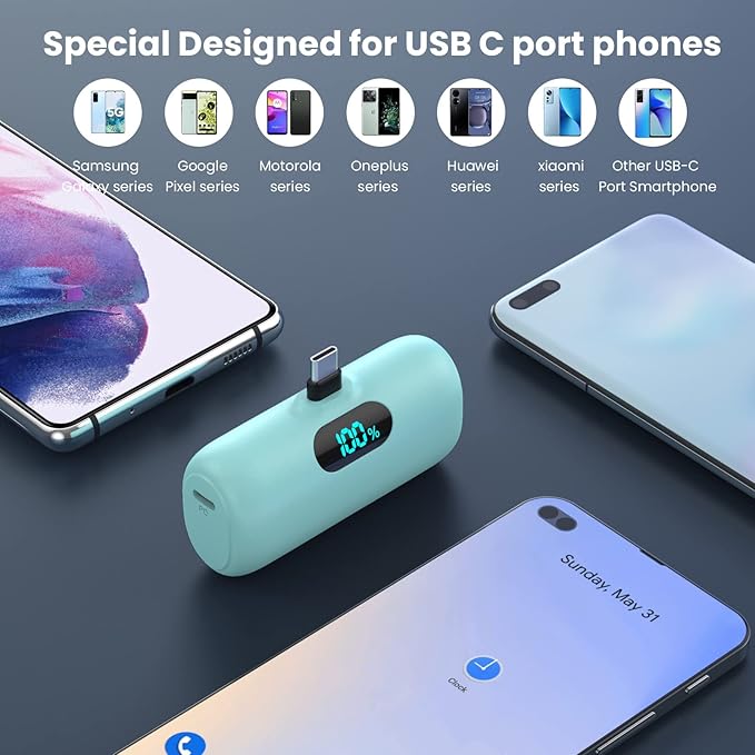 [2-Pack] Mini Portable Charger 5000mAh Power Bank,3A PD USB C Cell Phone Portable Power, LCD Display Battery Pack Compatible with iPhone 16/15/15 plus/15 pro/15 pro Max/Android/Samsung/Moto/LG etc