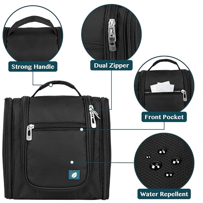 PAVILIA Toiletry Bag Travel Bag for Women Men, Hanging Cosmetic Organizer, Water Resistant Makeup Bag for Accessories Toiletries, Large Travel Essentials Kit (Black)
