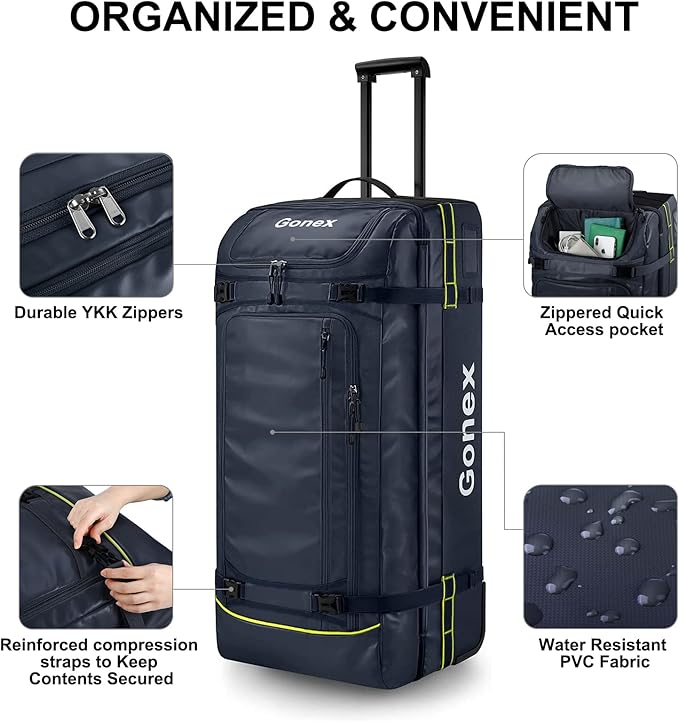 Gonex Rolling Duffle Bag with Wheels, 100L Water Repellent Large Wheeled Travel Duffel Luggage with Rollers 33 inch, Navy Blue