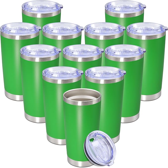 20 oz Tumbler with lid Double Wall Vacuum Insulated Tumblers Stainless Steel Coffee Mug Travel Coffee Tumbler Powder Coated Tumbler Cup Keep Hot&Cold - (Green 12 Pack)