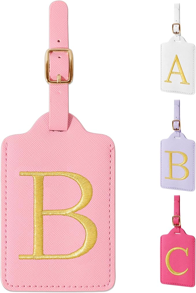 Personalized Initial Luggage Tags for Suitcase, Pink Leather Cute Luggage Tags with Privacy Cover Name Card, Embroidered Custom Monogrammed Luggage Tag Travel Bag Baggage Tags Gifts for Women Kids(B)