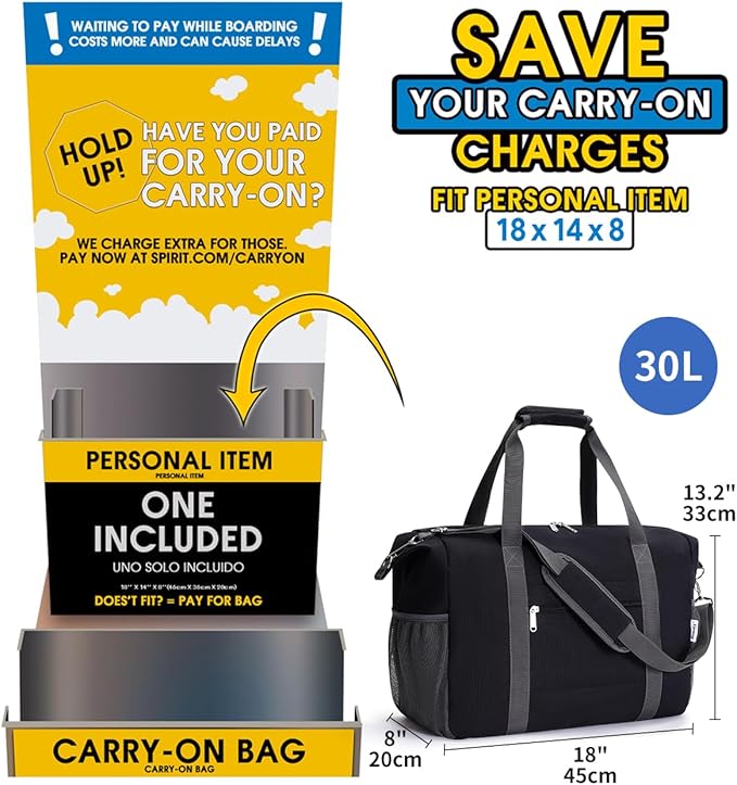 Narwey 18x14x8 Inches Travel Bag Spirit Airlines Frontier Personal Item Bag, Travel Duffel With Wet Pocket Carry on Bag for Airplane Underseat Duffle Overnight for Women and Men (Black)
